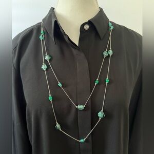 Extra Long Green Beads Silver Metal Necklace